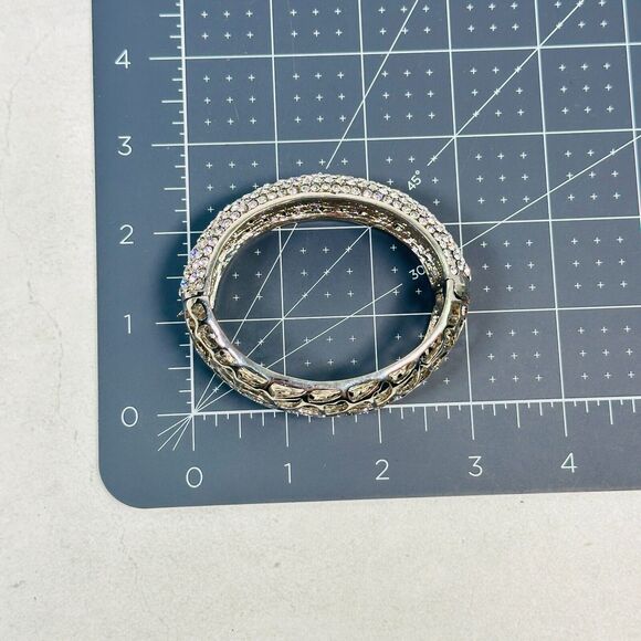 Womens Bracelet Bangle Pave Rhinestone Cut Ott Hearts Silver Tone 25mm Wide - Picture 11 of 12